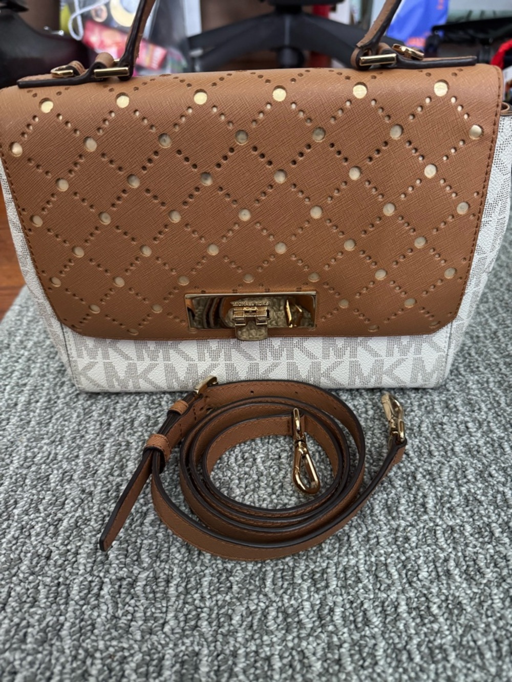 Michael Kors Brown and White Perforated Logo Crossbody